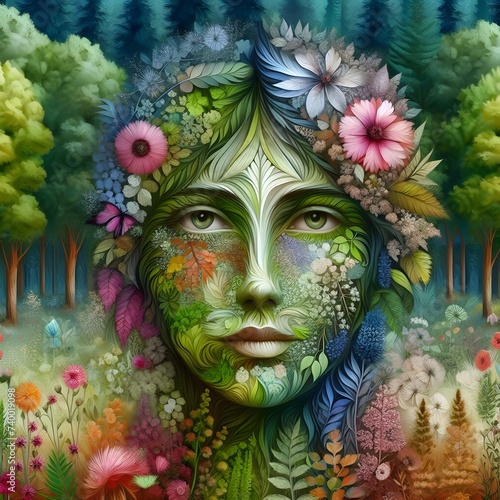 A face emerges from an intricate tapestry of flowers, leaves, and branches, blurring the lines between nature and humanity.
