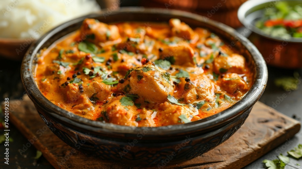 Close view of an Indian butter chicken dish, creamy texture and warm spices, authentic recipe Close view of an Indian butter chicken dish, creamy texture and warm spices, authentic recipe
