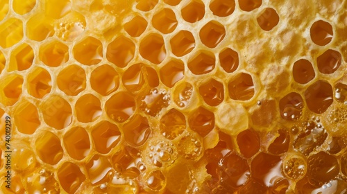 Background texture and pattern of wax honeycomb from a bee hive filled with golden honey.