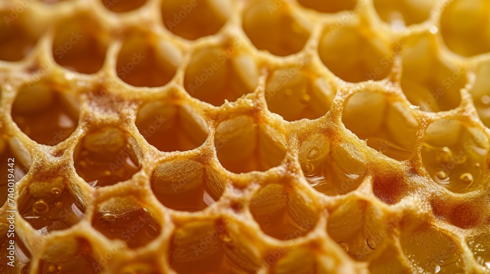 Background texture and pattern of wax honeycomb from a bee hive filled with golden honey.