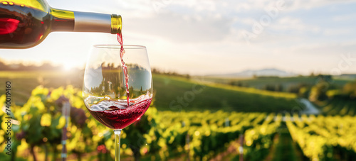 Wine glass with poured red wine and vineyard landscape of sunshine