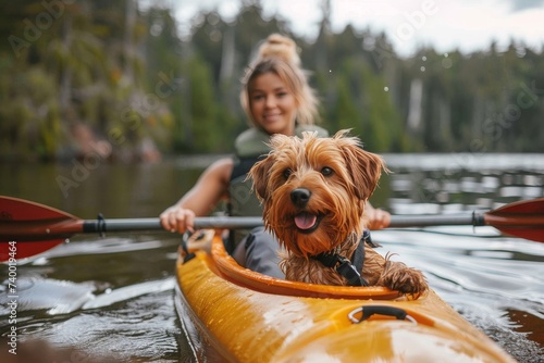 A fearless woman and her loyal dog embark on an adventurous kayak journey, surrounded by towering trees and shimmering water, their trusty paddle guiding them through the serene lake