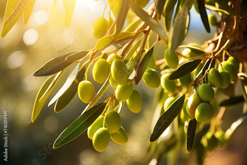 Sunlit green olives on olive tree branch. Concept Agriculture, Olive Trees, Food Production, Green Olives, Mediterranean Cuisine