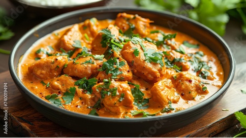 Close view of an Indian butter chicken dish, creamy texture and warm spices, authentic recipe