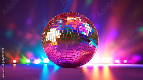 Disco ball sphere with colorful disco lights at party