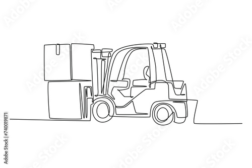 Single one line drawing of The process of transporting goods using a forklift in the port area. Shipping through the ocean. Delivery and packaging. Continuous line draw design graphic vector illustrat
