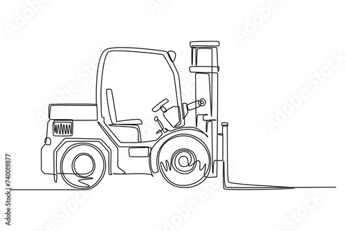 Single one line drawing of The process of transporting goods using a forklift in the port area. Shipping through the ocean. Delivery and packaging. Continuous line draw design graphic vector illustrat