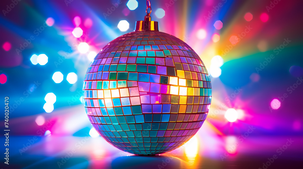 Obraz premium Disco ball sphere with colorful disco lights at party