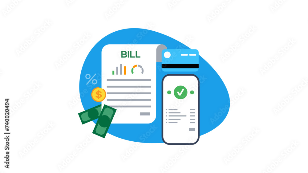 Fototapeta premium Pay bills online. Paying bills with your mobile phone. Online invoices and approved payment. Editable vector illustration