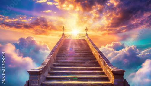 Religion conceptSunset or sunrise with clouds,stairs to heaven,bright light from heaven,stairway leading up to skies clouds.Light from sky.Blurred soft image.Beautiful religious background. #740020495