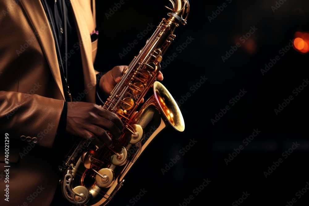 Obraz premium Close-up of saxophonist playing saxophone at world jazz festival, musician performing on stage