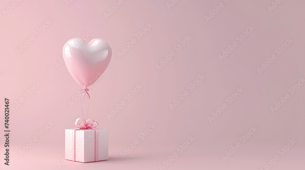 a pink heart balloon and gift box with a ribbon on a pink background