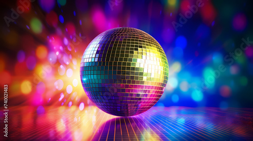 Disco ball sphere with colorful disco lights at party