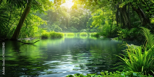 Tranquil nature view featuring meandering river through lush grassy landscape beauty with green trees and clear water ideal for capturing essence of peaceful outdoor environments of forest parks © Bussakon