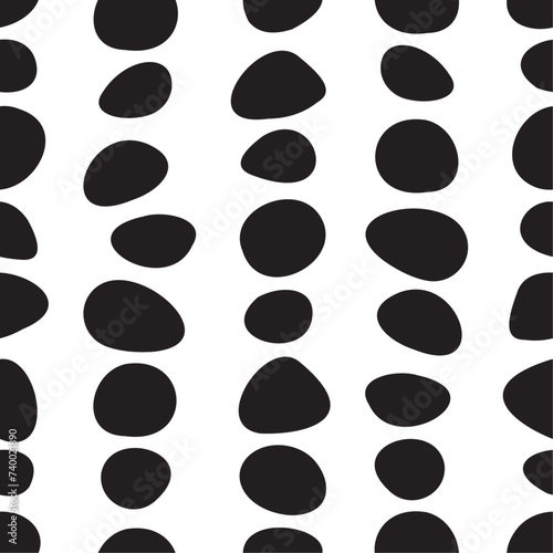 Pebble like black spots vertically lined in seamless vector pattern. Black stones repeated in rows on white backdrop. Minimal surface art for printing on various surfaces or usage in graphic design.