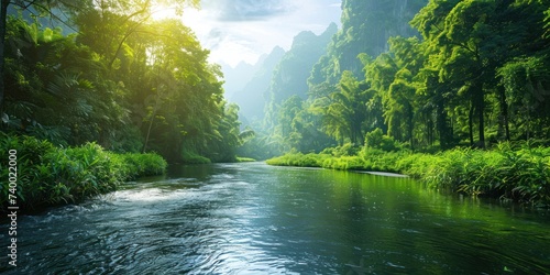 Tranquil nature view featuring meandering river through lush grassy landscape beauty with green trees and clear water ideal for capturing essence of peaceful outdoor environments of forest parks photo