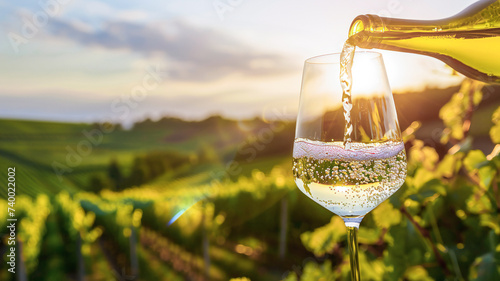 Wine glass with poured white wine and vineyard landscape of sunshine photo