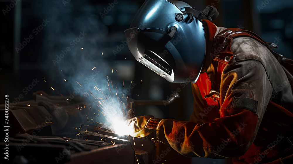 A welder in protective gear is welding metal, producing bright sparks and light in a dark workshop, ai generative A welder in protective gear is welding metal, producing bright sparks and light in a dark workshop, ai generative