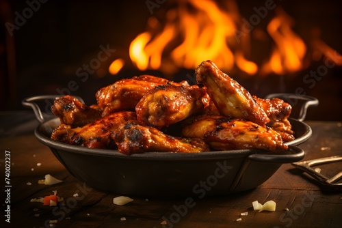 Awardwinning photo of hot wings in front of flames. Concept Food Photography, Hot Wings, Flame Background, Creative Composition, Culinary Art