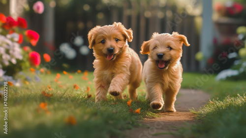 Fun on the Street: A pair of Playful Puppies on the Run. 