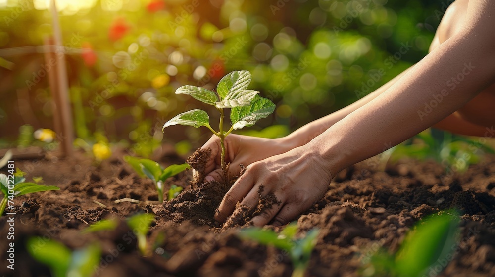 Fototapeta premium Eco-friendly lifestyle, person planting a tree in a community garden, hands in soil, focus on sustainability and growth, sunny day