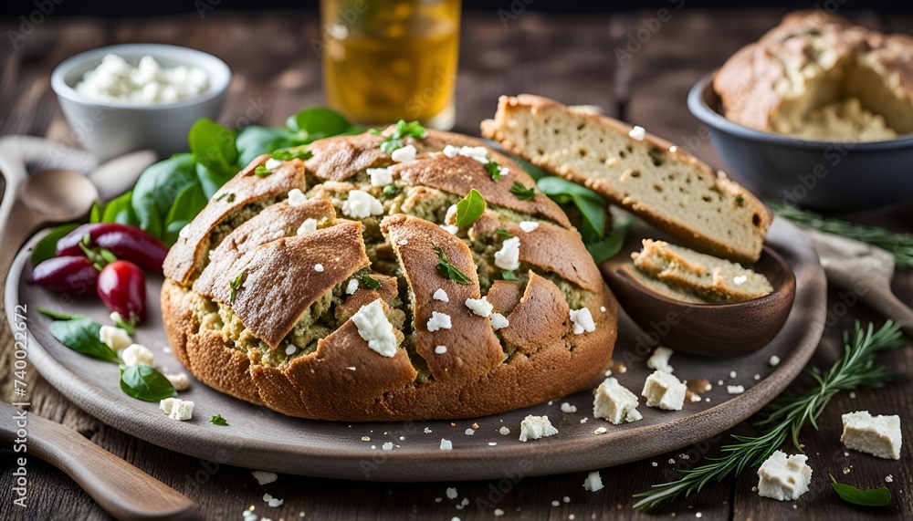 Fototapeta premium Soda bread with bean hummus and feta cheese 