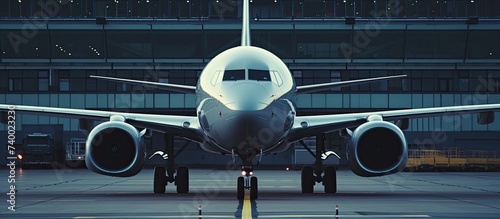 A close-up view of a massive jetliner sitting on top of the airport tarmac, preparing for departure.