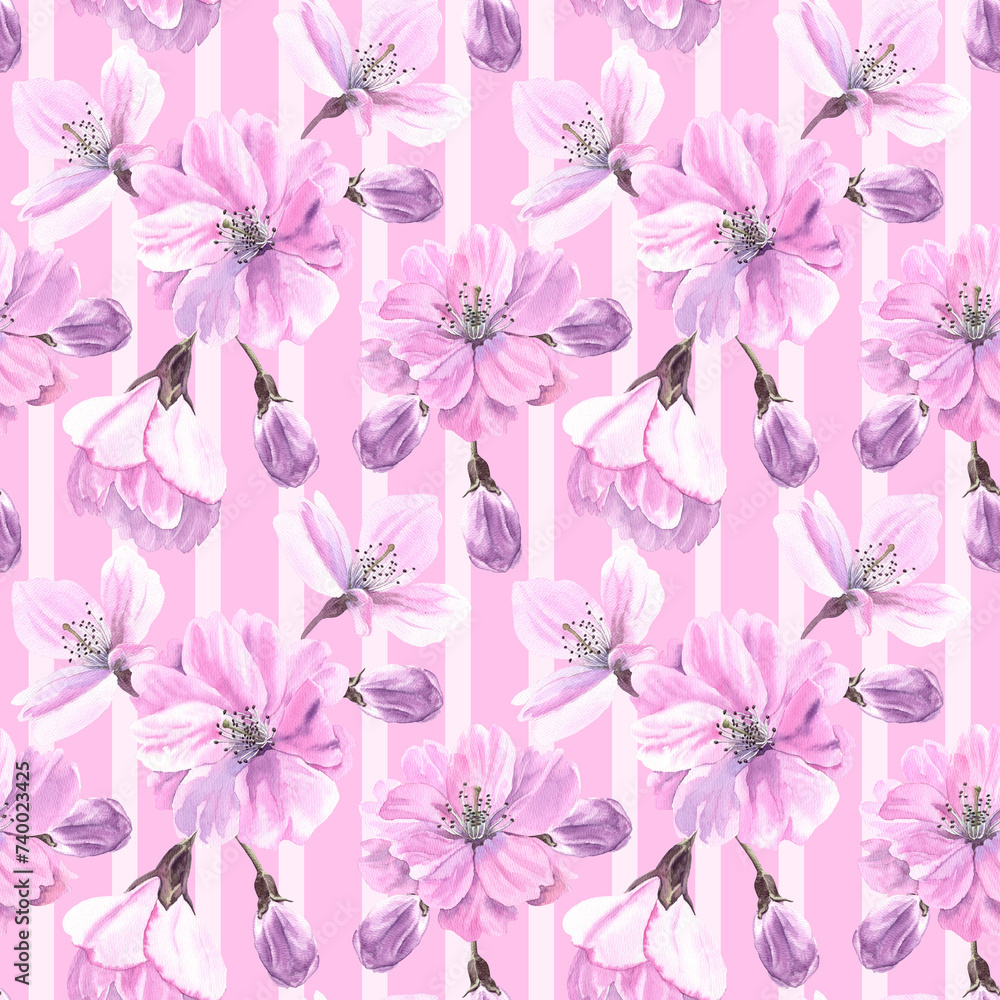 Watercolour Sakura spring flowers illustration seamless pattern. Seasonal Cherry blossom. Hand-painted. Botanical Floral elements. On stripes pink background. For print decoration, fabric, wrapping.