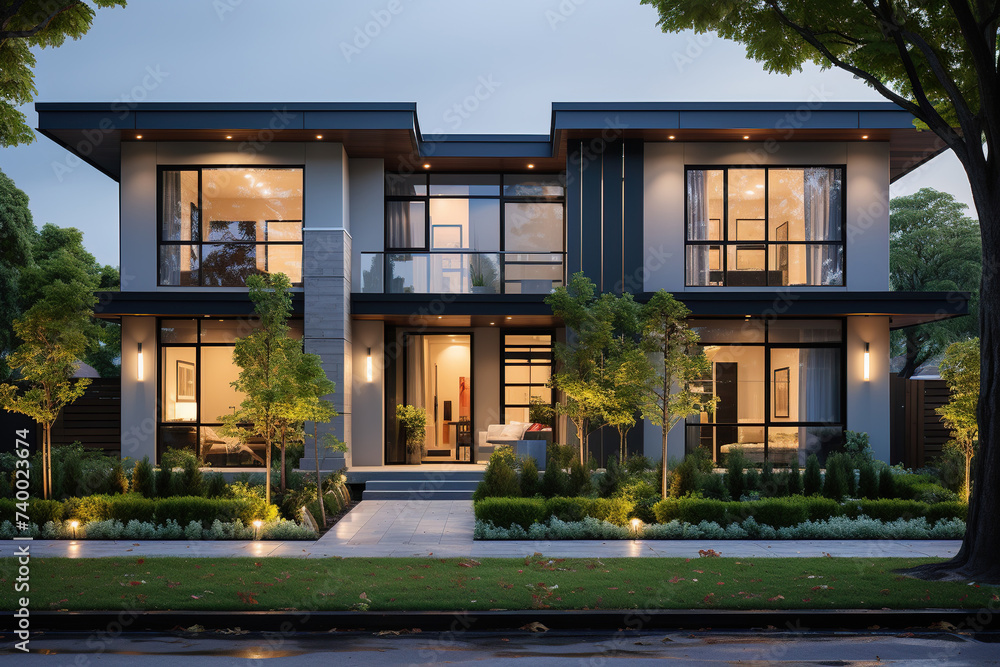 Obraz premium Model of a modern townhouse with green spaces. The concept of comfortable housing. Generated by artificial intelligence