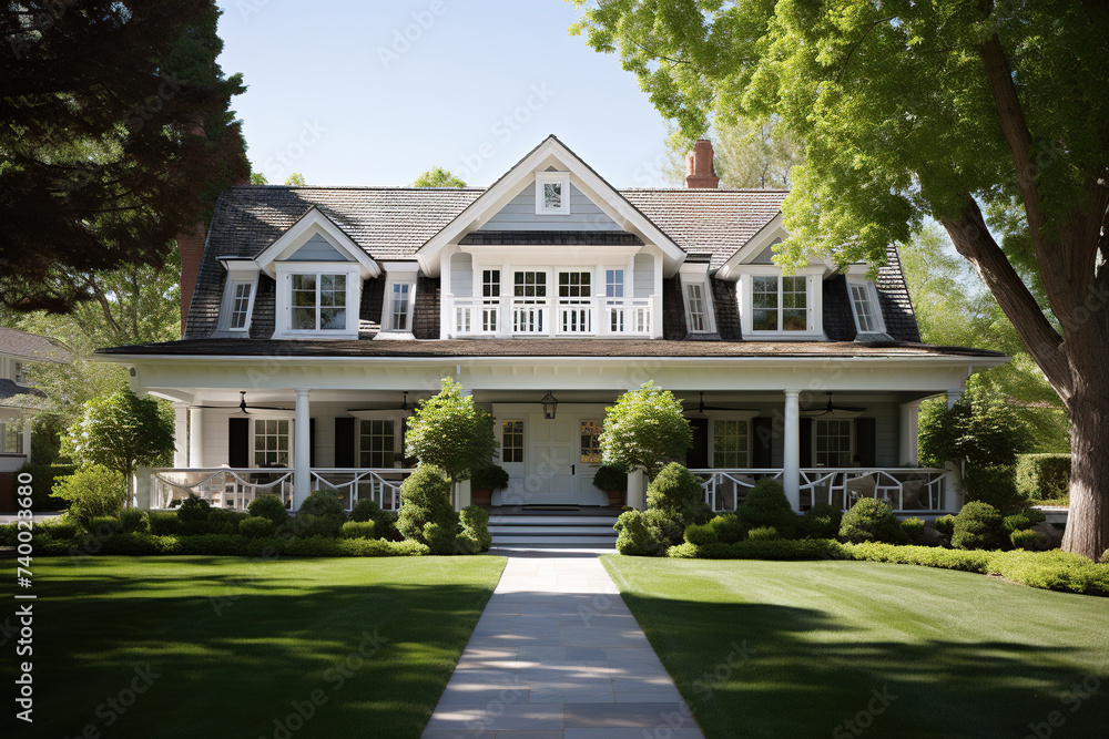 A classic American country house with a green lawn in front of the house. Generated by artificial intelligence