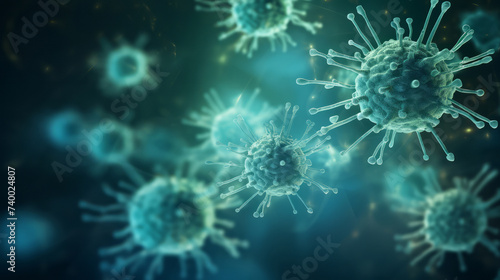 Detailed microscopic view of virus particles with prominent spike proteins  against dark green blue background. World Health Day  International day of immunology  global handwashing day concept