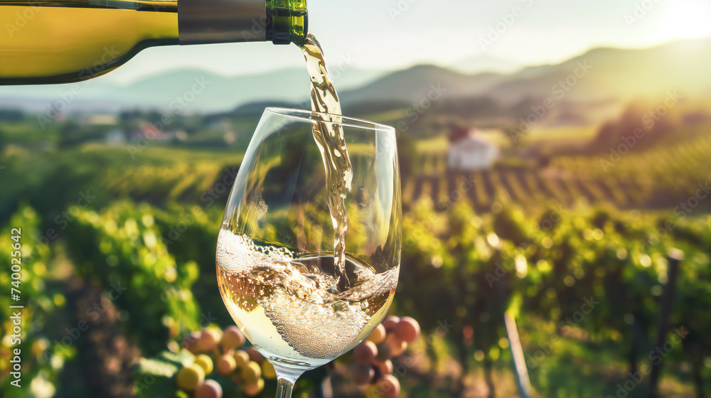 Wine glass with poured white wine and vineyard landscape of sunshine - obrazy, fototapety, plakaty 