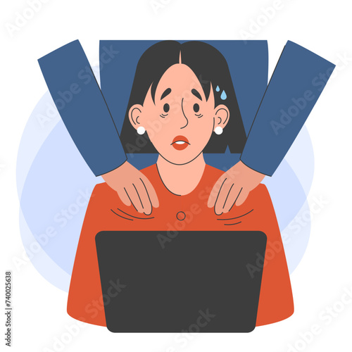 Sexual harassment in the office vector isolated. Employee suffering from abuse, unwanted attention from the boss. Man touching shoulder of female employee.
