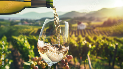 Wine glass with poured white wine and vineyard landscape of sunshine
