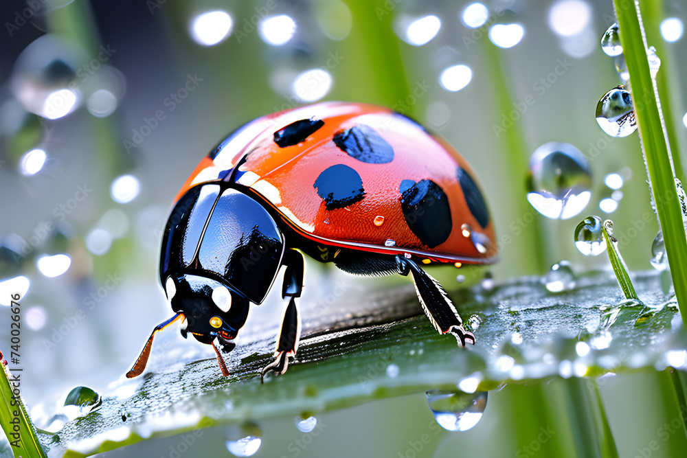 A ladybug traverses a forest of delicate dew-drenched grass blades. Generative AI A ladybug traverses a forest of delicate dew-drenched grass blades. Generative AI
