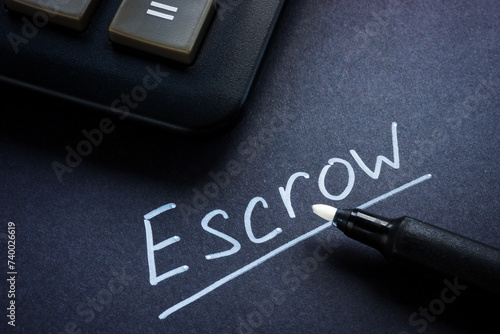 Konstfotografi Close-up of a calculator and an inscription Escrow with a marker.