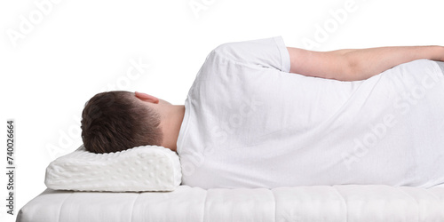 Man sleeping on orthopedic pillow against white background