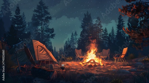 Beautiful bonfire with burning firewood near chairs and camping tent in forest. Campfire by a chairs and a tent photo