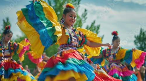 Traditional Mexican Folk Dancers in Colorful Costumes. Vibrant Mexican folk dancers perform in a flurry of colorful skirts and elaborate costumes during a cultural festival.