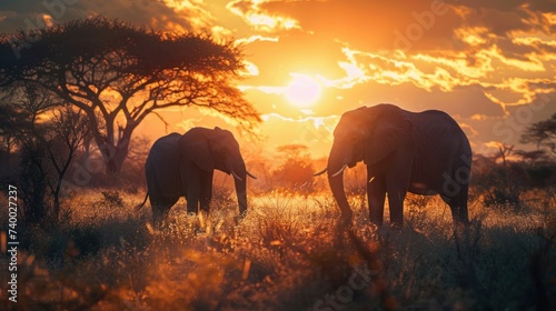 African Elephants in the Wild at Sunset. Two African elephants in silhouette against the fiery backdrop of a savannah sunset, symbolizing wildlife and the beauty of nature. © auc