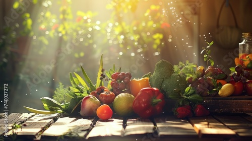 Sunlit Assortment of Fresh Fruits and Vegetables. The morning sun illuminates a vibrant display of fresh fruits and vegetables arranged on a wooden surface  evoking a sense of freshness and abundance.