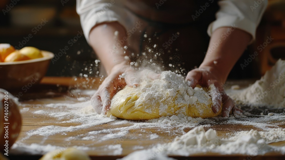 Hands Dusting Flour while Kneading Dough on Table. A baker's hands are dusting flour while kneading fresh dough on a wooden table, capturing the essence of traditional baking.