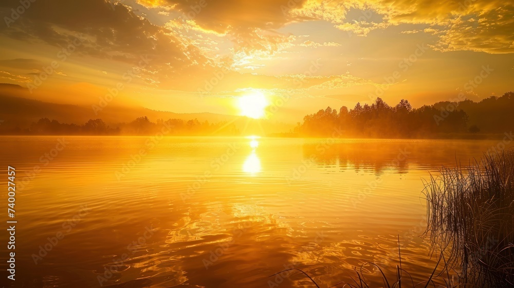 Golden Sunrise Over a Tranquil Lake. Golden rays of a sunrise reflect ...