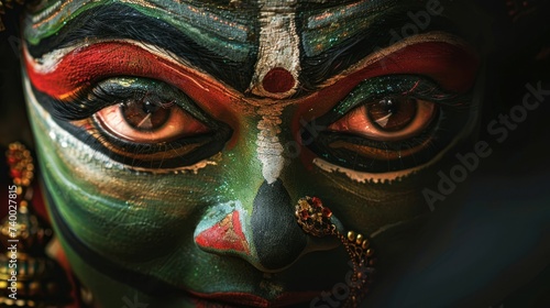 Close-up of Kathakali Performer's Face in Profile. A side profile of a Kathakali performer, with detailed makeup and jewelry, embodying the rich storytelling tradition of the dance. photo