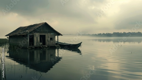 Mystical Houseboat on Misty Kerala Backwaters. A mystical scene on the Kerala backwaters, featuring a solitary houseboat amidst morning mist, reflecting a serene start to the day.