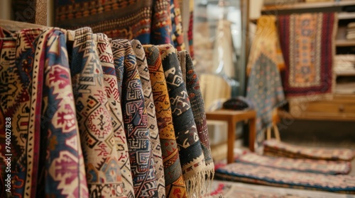 Assortment of Folded Textile Rugs in Shop. Folded textile rugs displayed in a shop, with an array of patterns and colors inviting customers to explore the rich textile traditions.