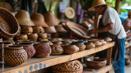 Artisan Displaying Intricate Handcrafted Pottery. Focused artisan meticulously arranges his handcrafted pottery, featuring intricate designs, on the shelves of his workshop.