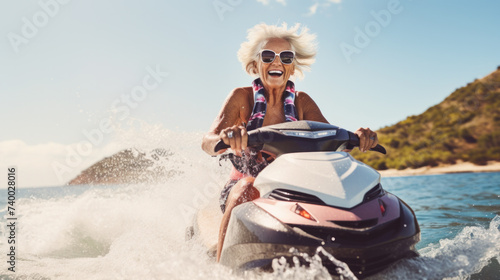 Senior woman on Jet Ski, Tropical Ocean, Vacation Concept