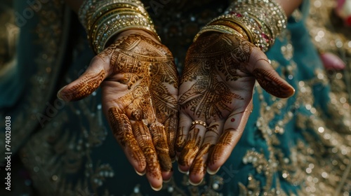Exquisite Henna Art on Bride's Hands for Wedding. A bride presents the intricate henna designs adorning her hands, symbolizing beauty and tradition in a cultural wedding ceremony.