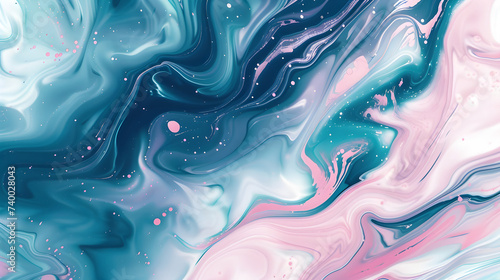Abstract marbled acrylic paint ink painted waves painting texture colorful background banner blue and pink color. Sea style.